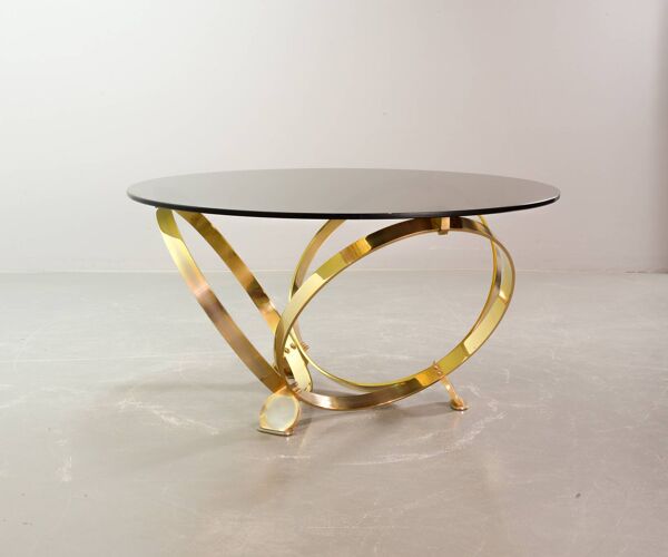Table basse ronde en laiton avec plateau en verre fumé Knut Hesterberg, Allemagne, années 70