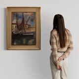 Peinture italienne signée vue sur le port avec des bateaux du 20ème siècle