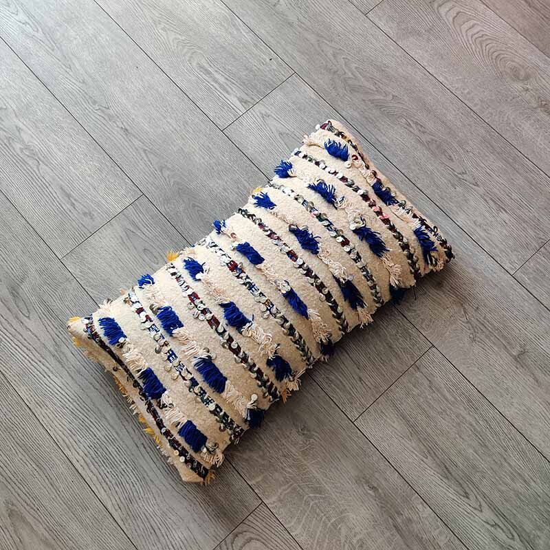 Handmade blue and white handira moroccan berber cushion