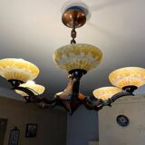 Art deco chandelier in copper with 6 glass tulips.