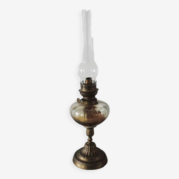 Old oil lamp brass foot & amber glass tank