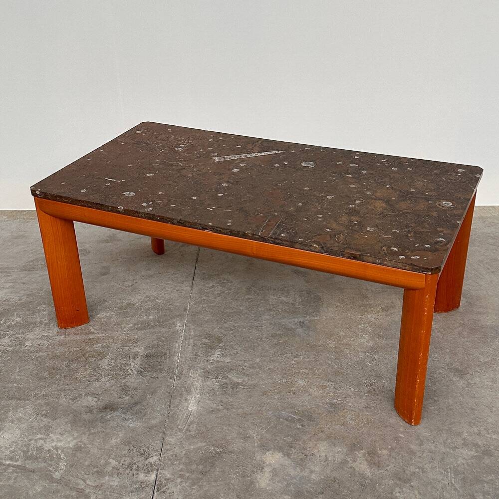 1970s modernist fossil marble coffee table with wooden base
