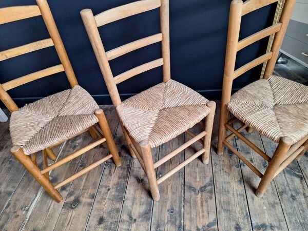 3 chaises paillées vintage, meubles sièges anciens