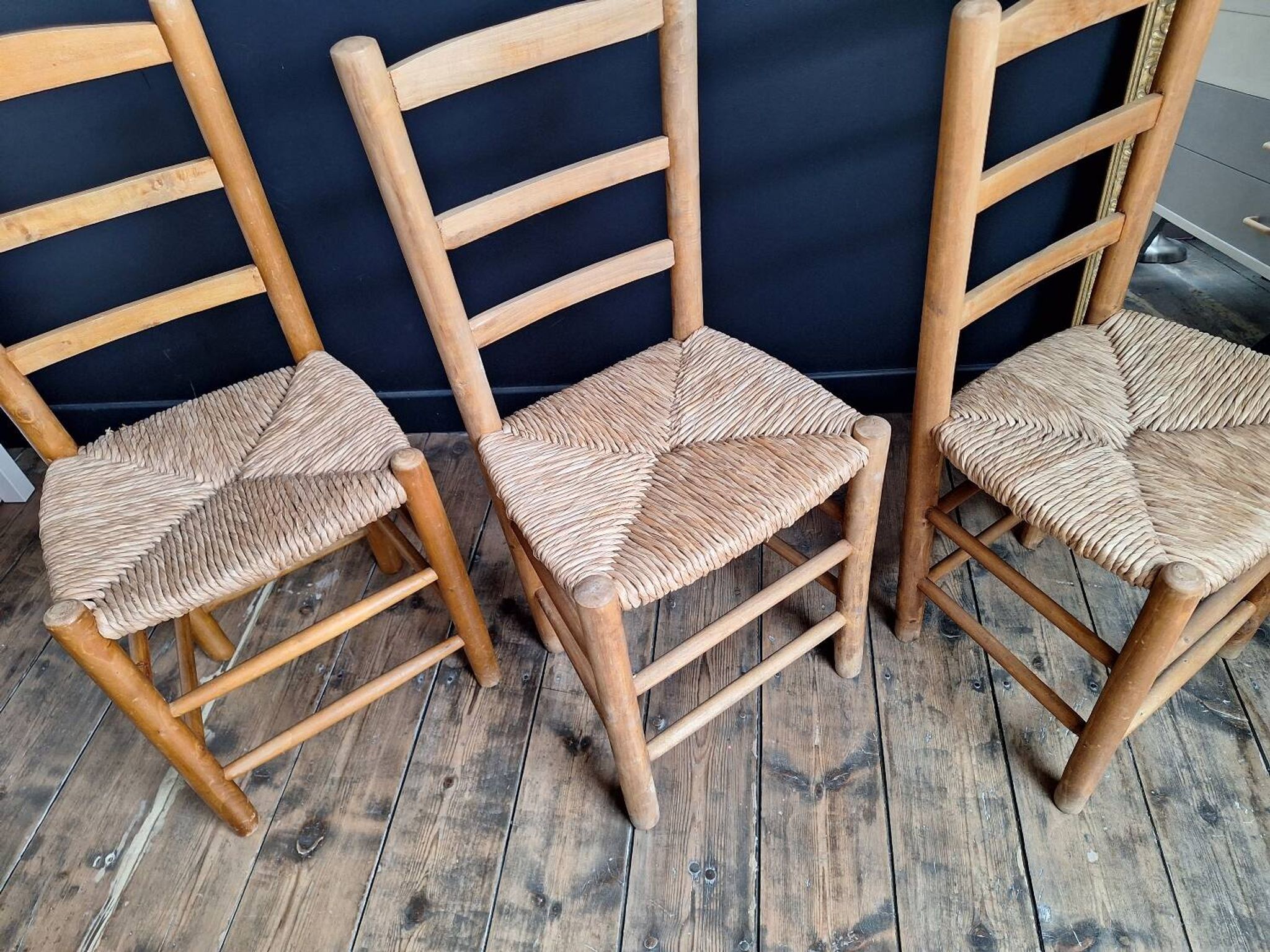 3 vintage straw chairs, antique seating furniture