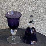 Set of 5 wine glasses in blown and bubbled glass, duo line, biot glassware style, unsigned,
