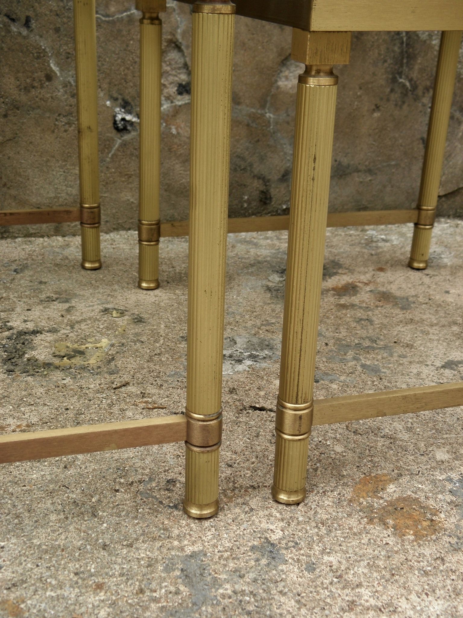 Brass, gold metal and 70s mirror glass tables