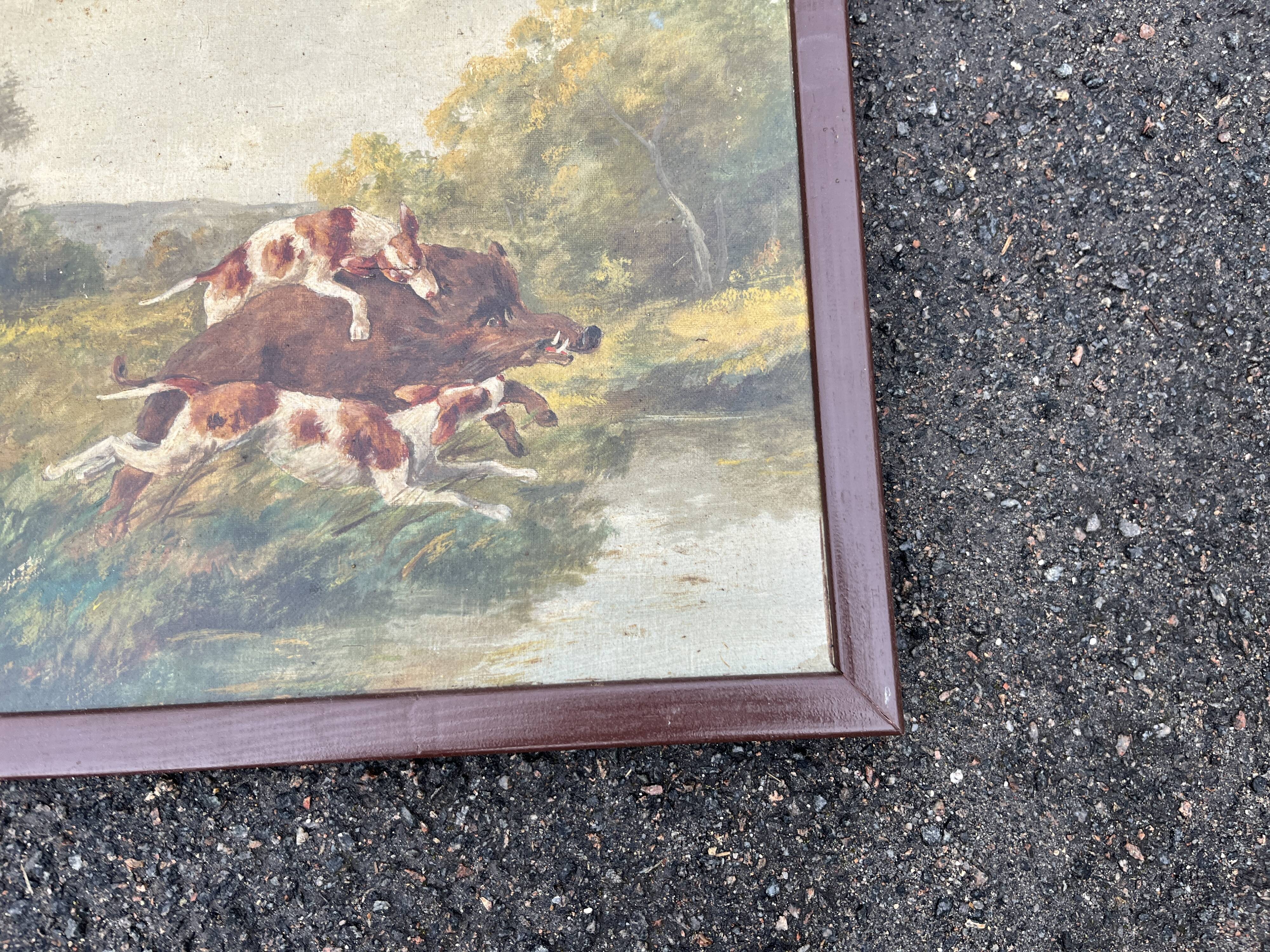 Pair of oil on canvas paintings depicting hunting scenes with deer and wild boar.