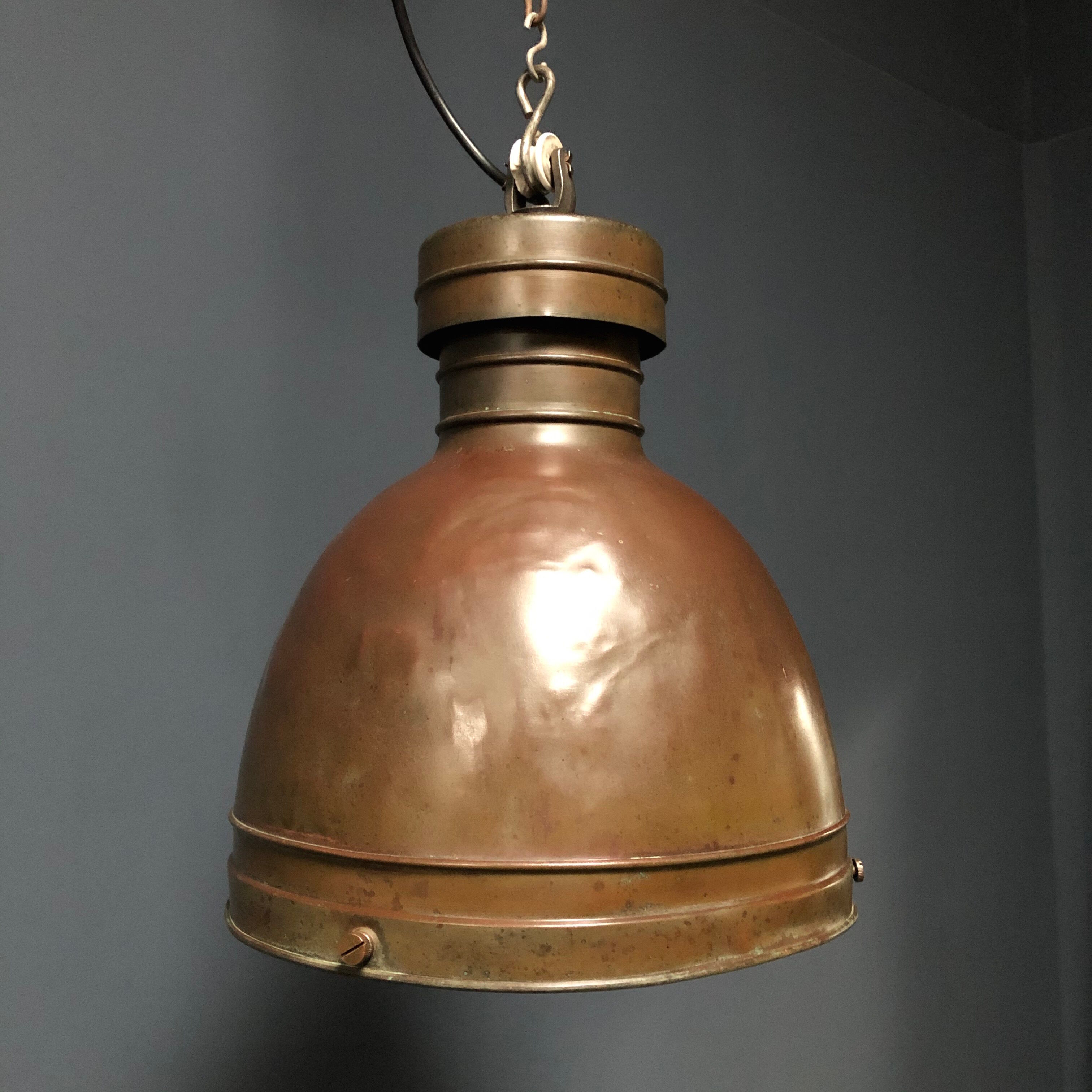 Old copper industrial church pendant light, Dutch 1930