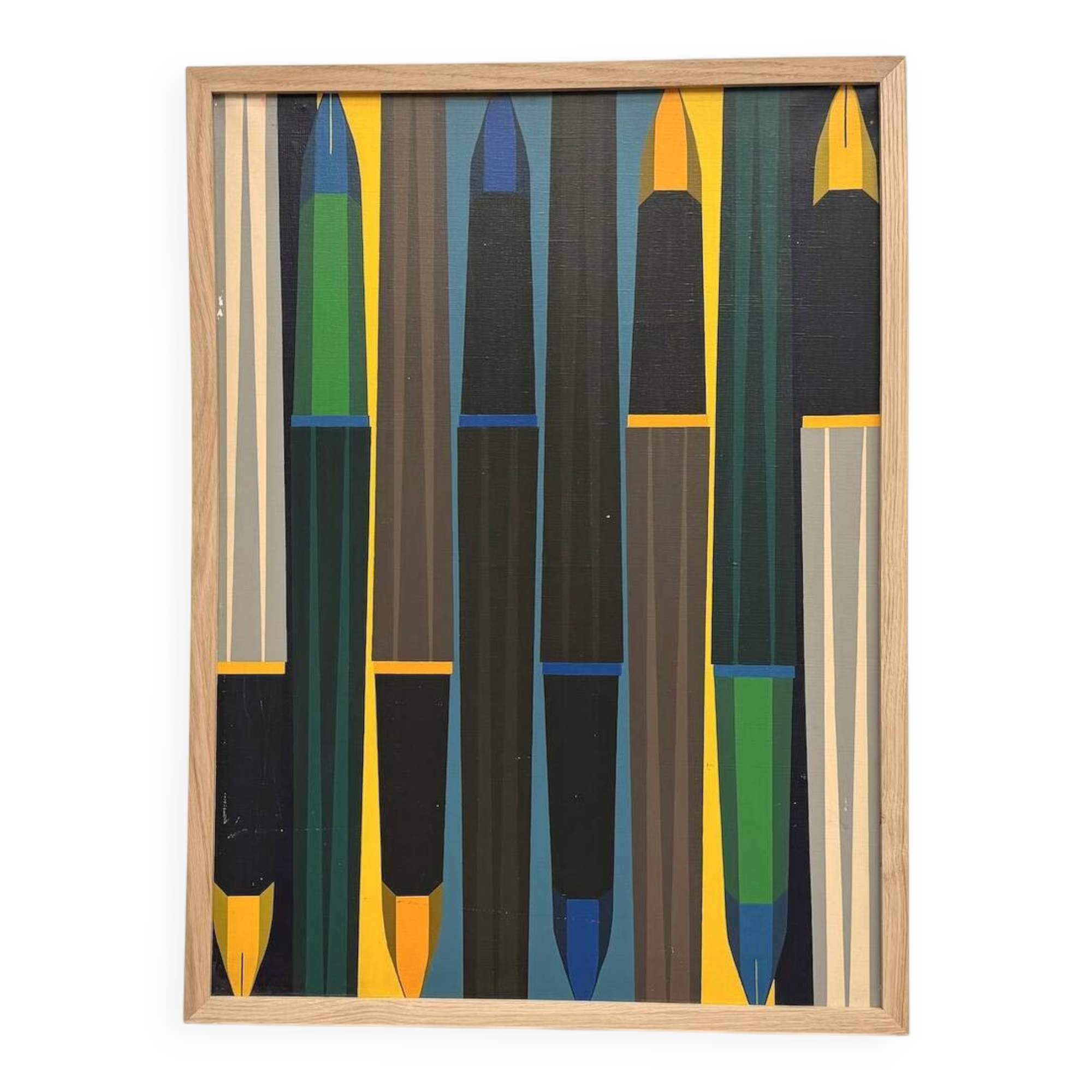Peinture abstraite géométrique, huile sur toile encadrée chêne, années 1970