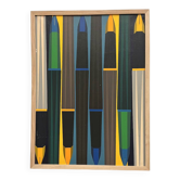 Peinture abstraite géométrique, huile sur toile encadrée chêne, années 1970