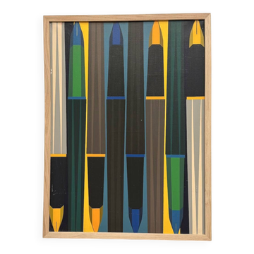 Peinture abstraite géométrique, huile sur toile encadrée chêne, années 1970