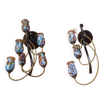 2 murano millefiori glass wall lights 40x25 1970 to 80s