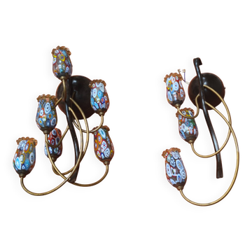 2 murano millefiori glass wall lights 40x25 1970 to 80s