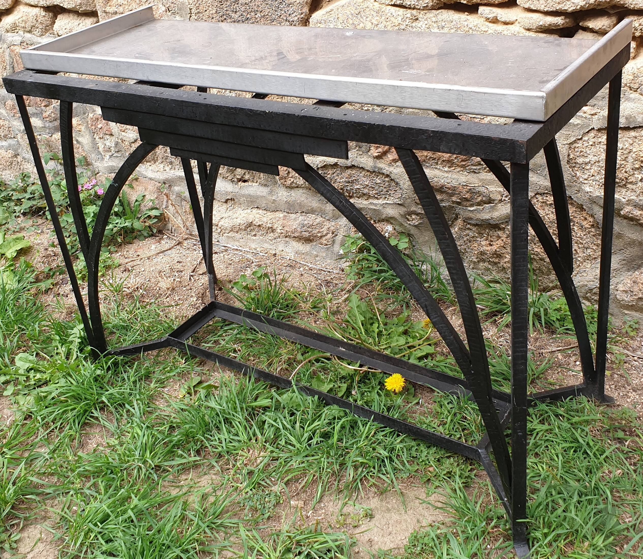 Art Deco console in wrought iron and steel (Art deco, wrought iron and steel console)