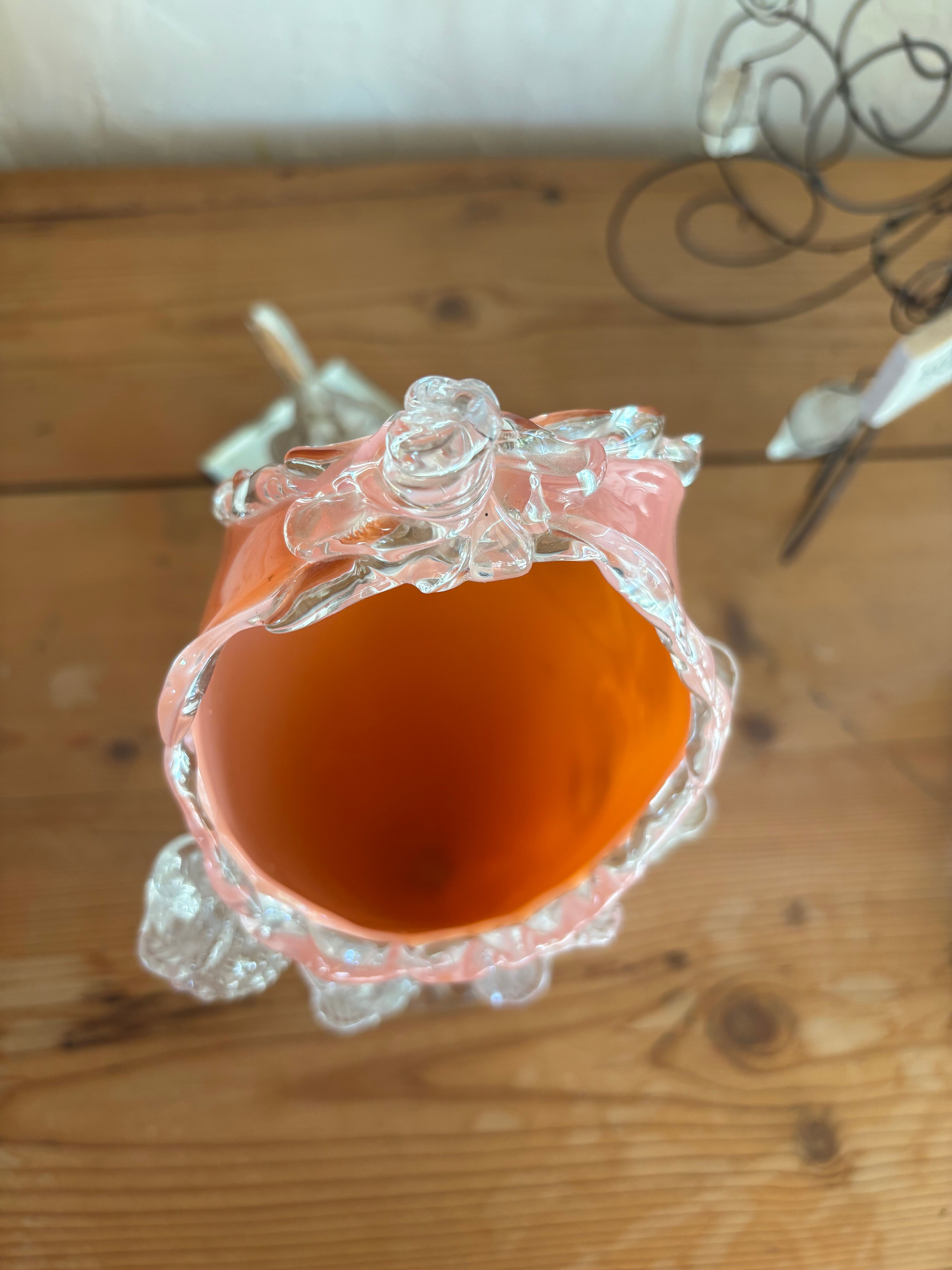 Pink opaline vase with added fruits