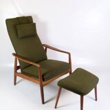 Set Of 2 Armchairs With Stool Made In Green Fabric & Teak By Alf Svensson For Fritz Hansen From 1960