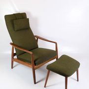Set Of 2 Armchairs With Stool Made In Green Fabric & Teak By Alf Svensson For Fritz Hansen From 1960