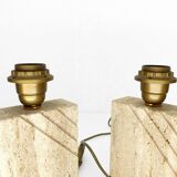 Pair of solid travertine table lamps with incised decoration, French production.