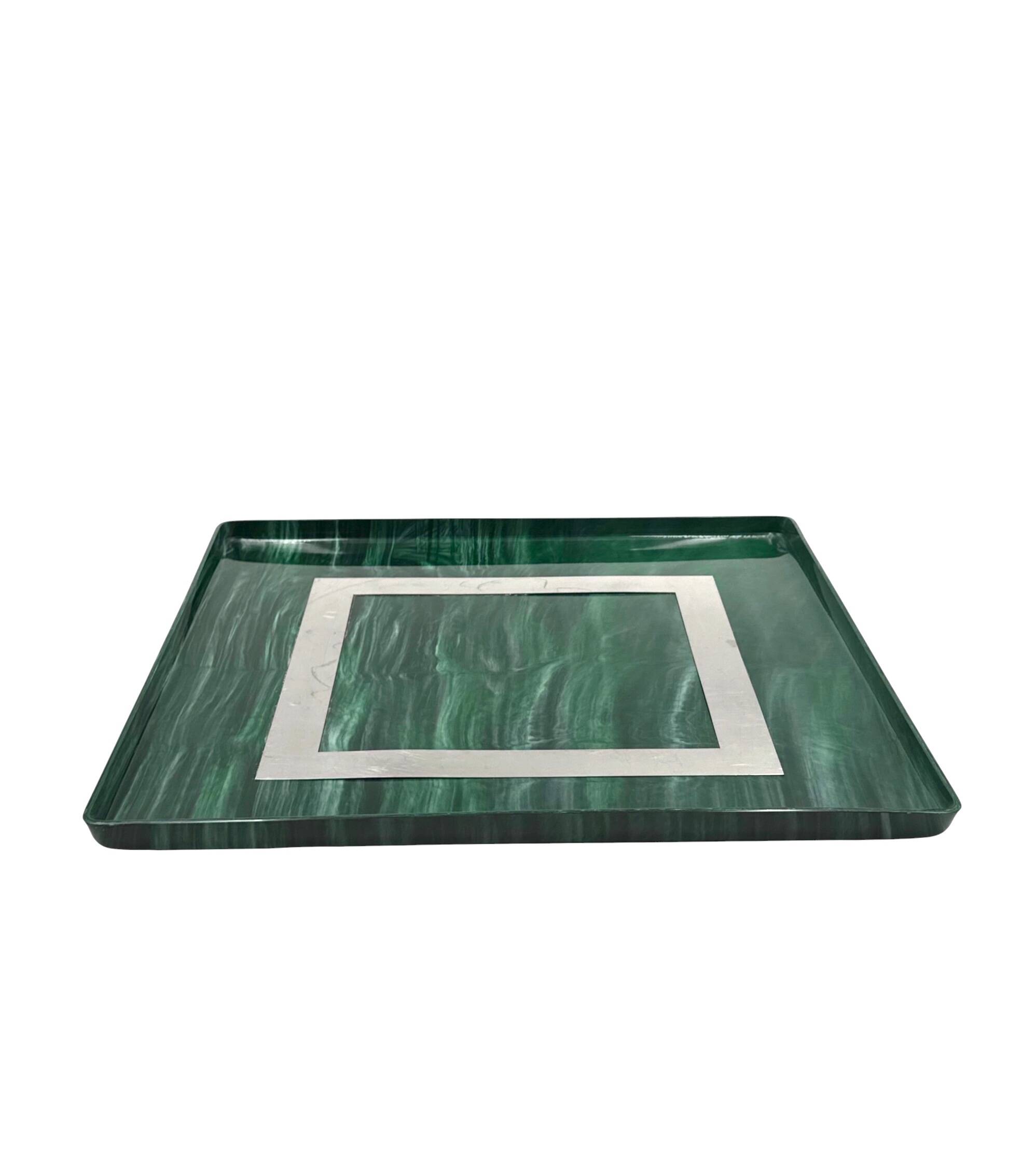 Hollywood regency malachite effect resin & brass tray, Italy 1970s