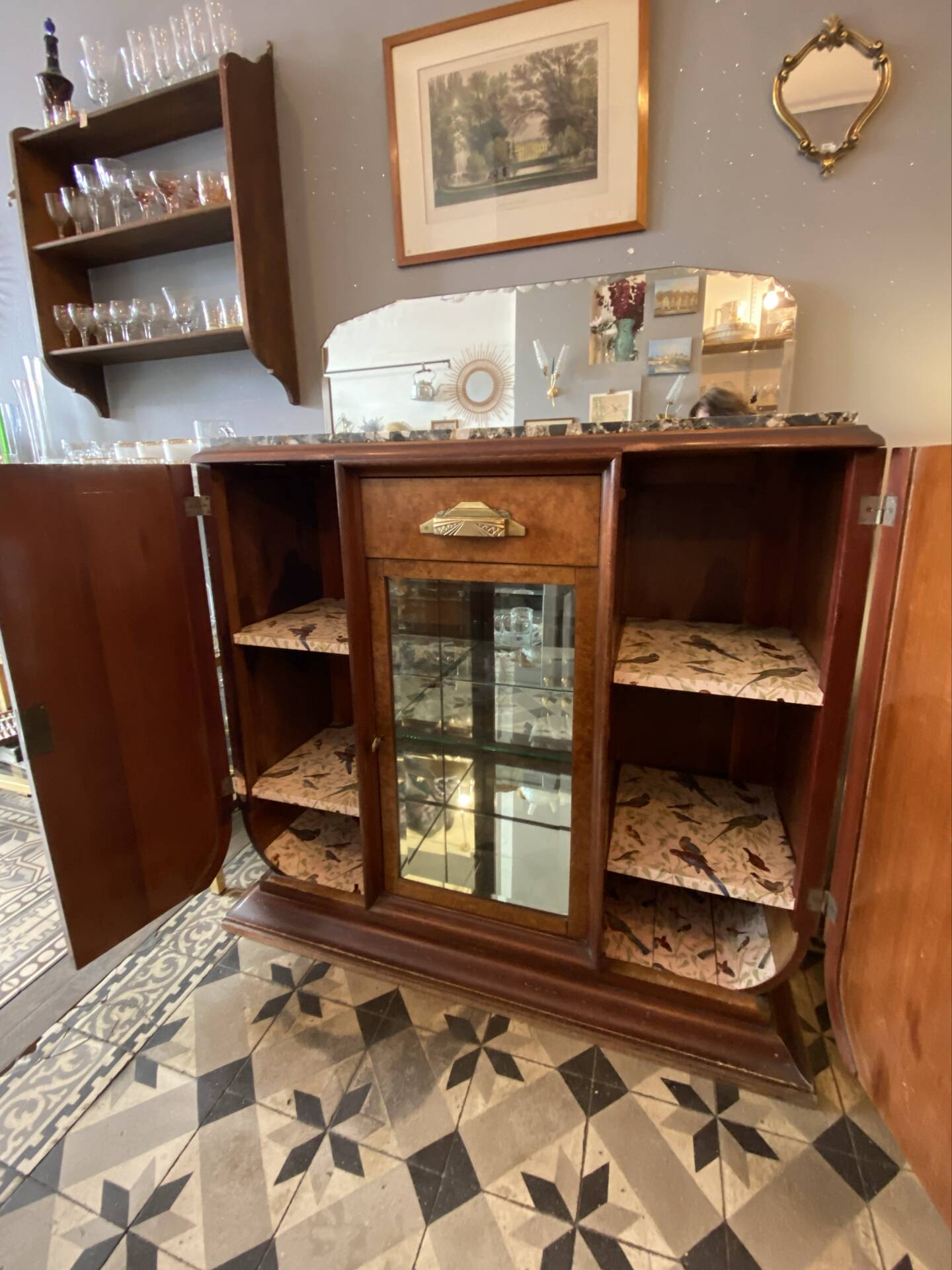 Art Deco wooden sideboard with mirror and marble