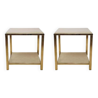Pair of end tables in travertine and 24-carat gold plated