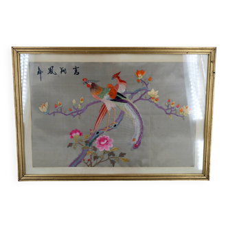 Broderie ancienne sous verre, Couple d'Oiseaux, Soie, Chine, Début XXe