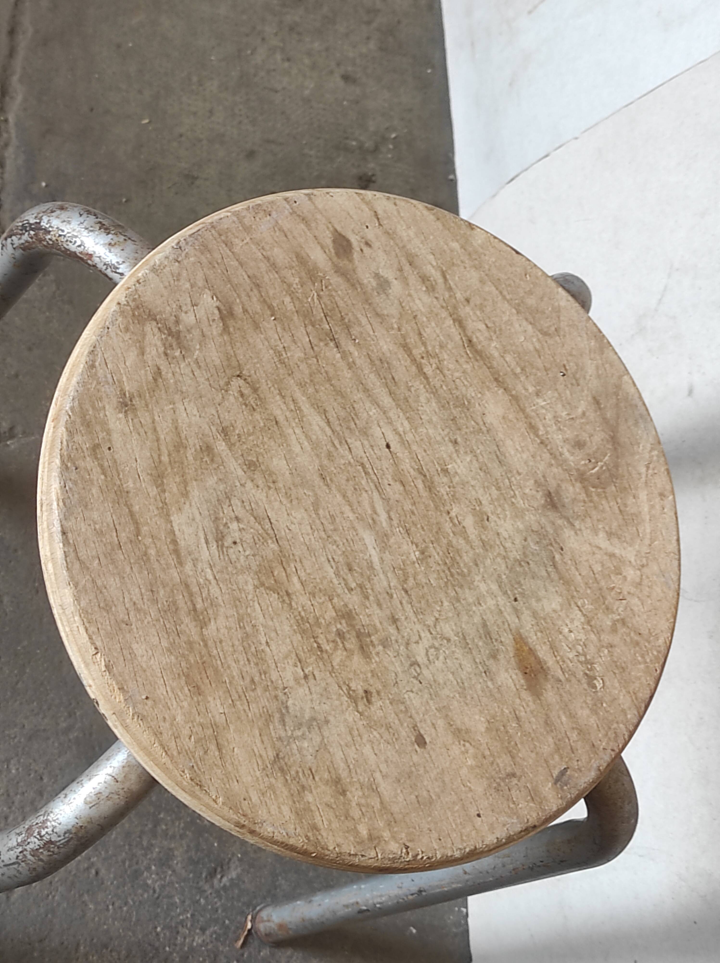 Metal workshop stool and wood seat