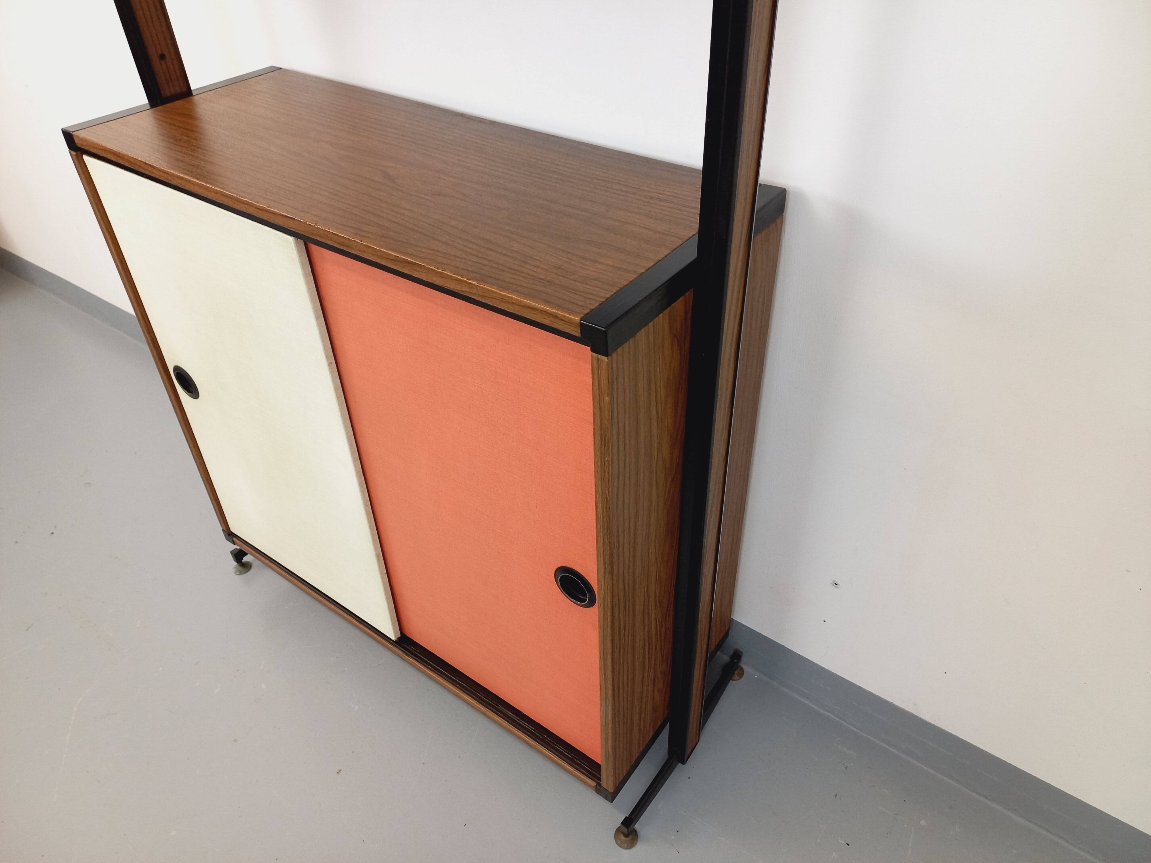 Vintage Italian modular shelving unit in melamine with wood decor