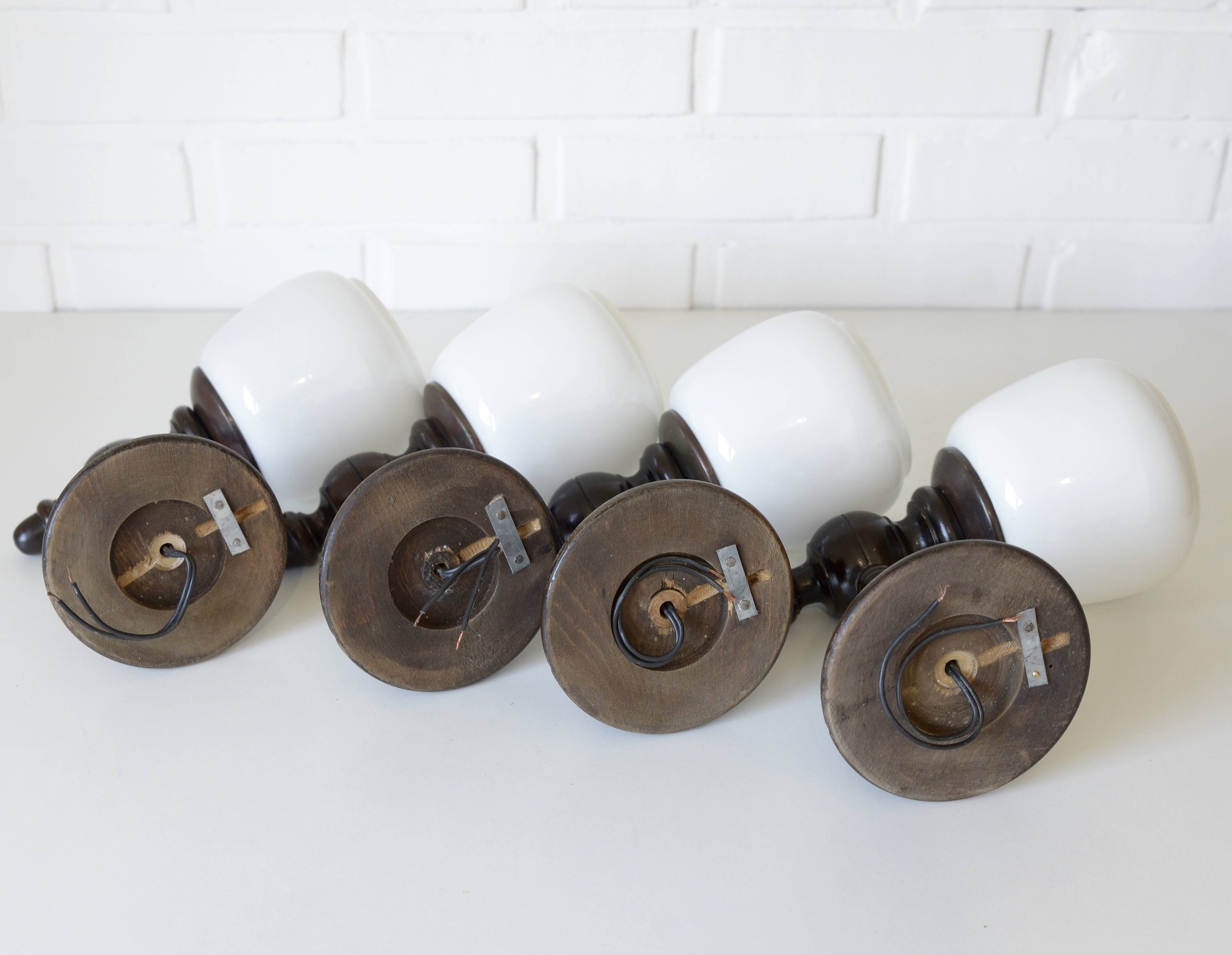 Set of 4 Vintage Lamps Wooden Wall Sconces Rustic Hand-turned Lighting
