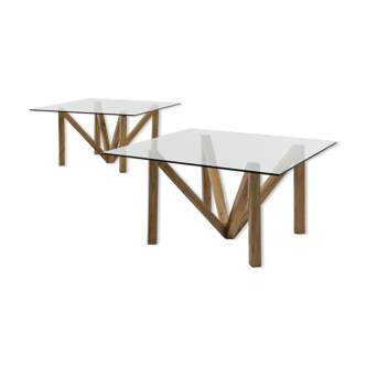 Paire de tables erable et verre