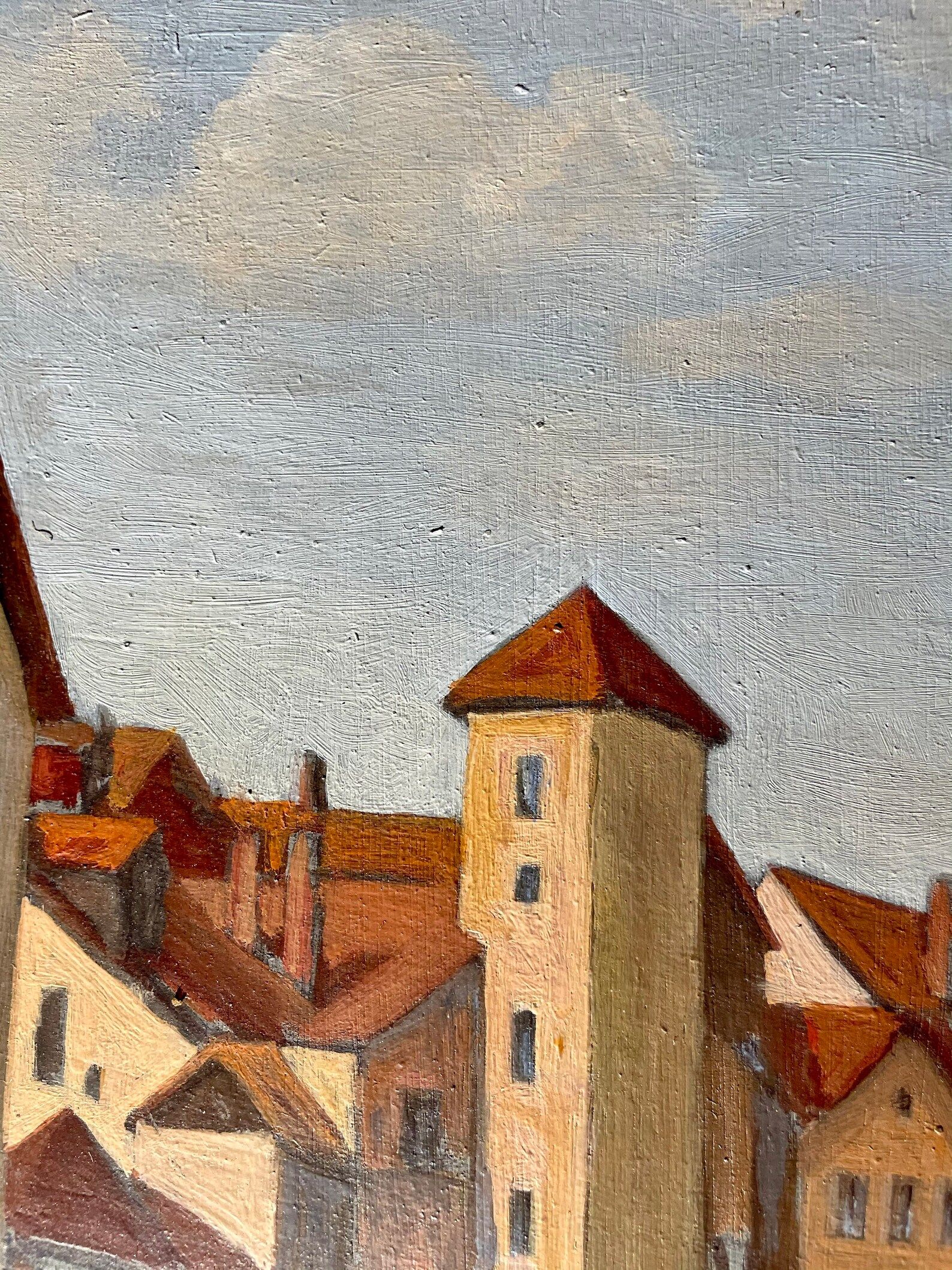 1940s French oil painting on wood. Cityscape