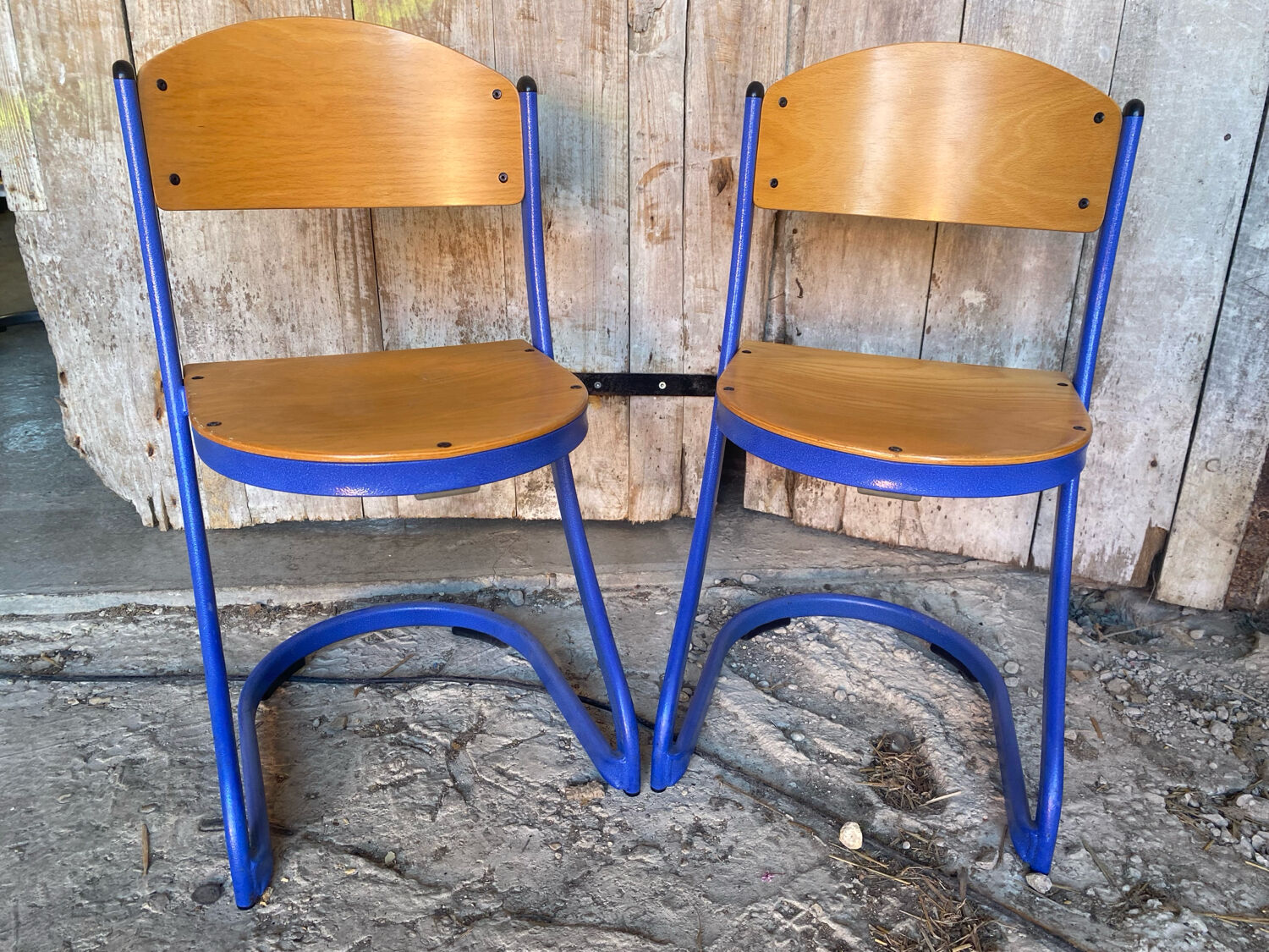 Pair of Chairs SOUVIGNET Model ELODIE Metal Blue & Wood Made in France