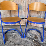 Pair of Chairs SOUVIGNET Model ELODIE Metal Blue & Wood Made in France