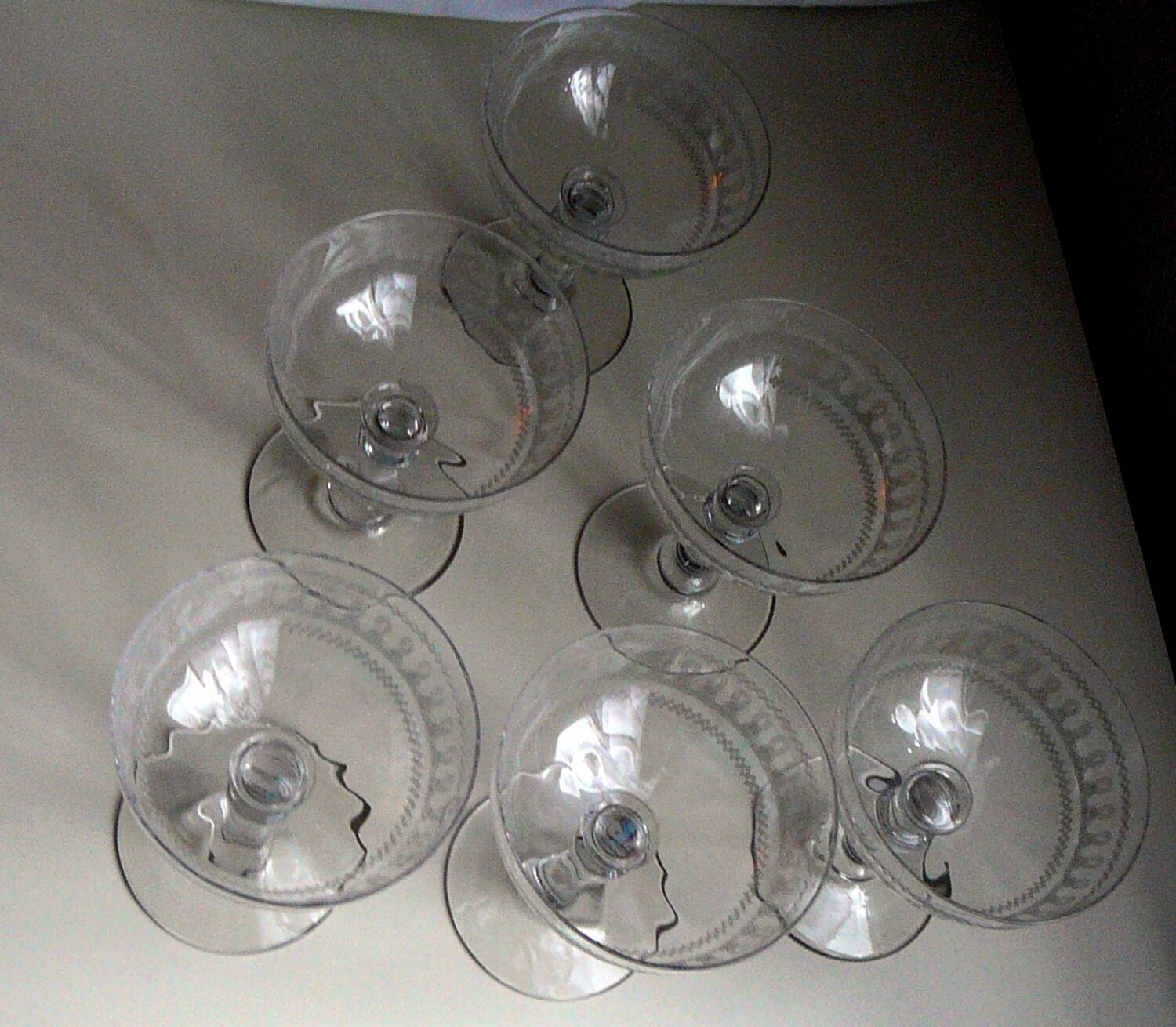 8 Antique Engraved Crystal Champagne Glasses 250517
