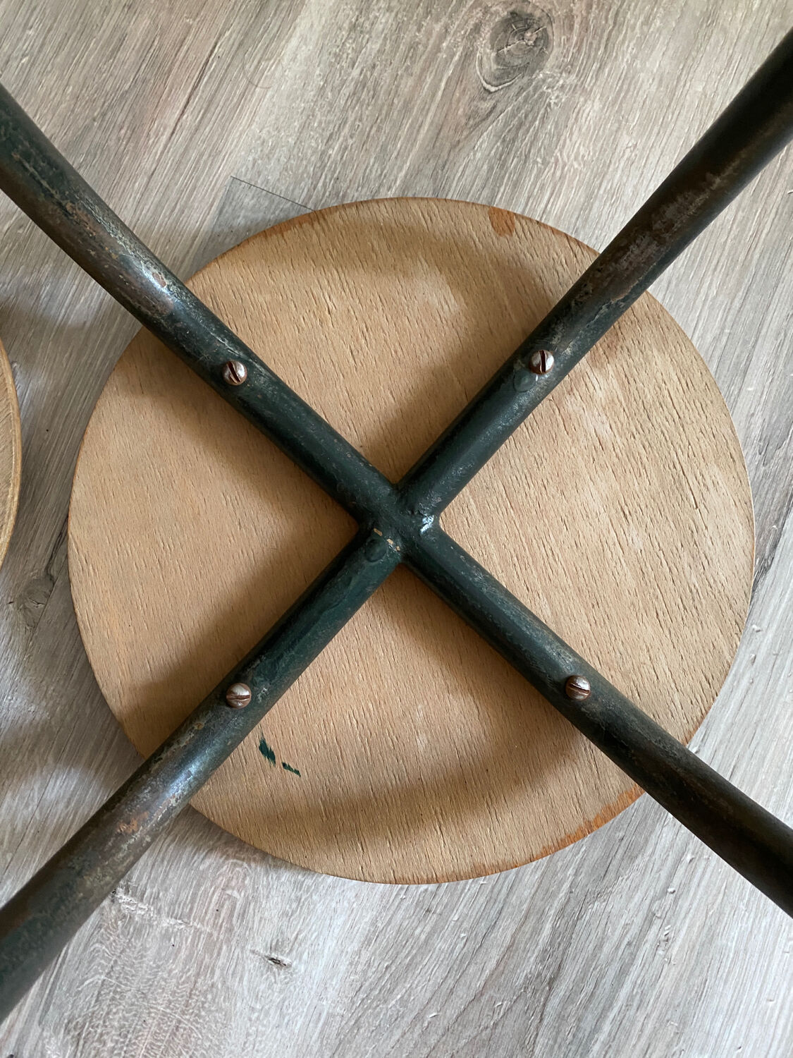 Pair of metal and wood workshop stools