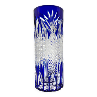 Japanese EDO KIRIKO art vase in transparent and cobalt blue crystal