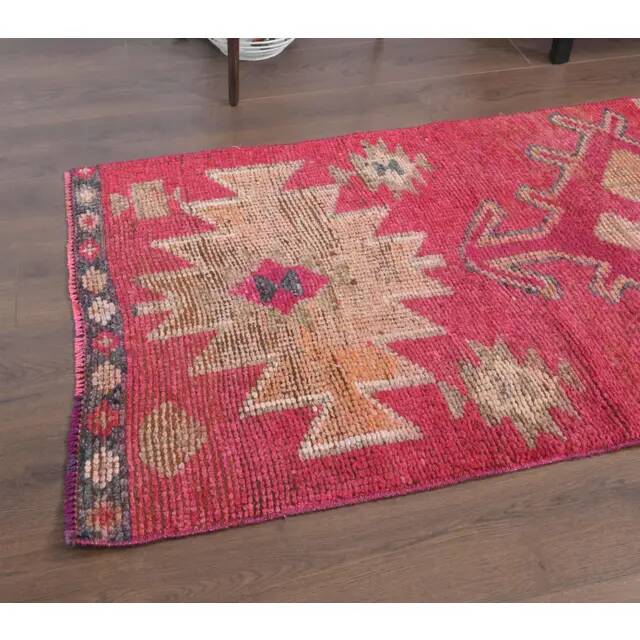 1970s vintage Turkish hand-knotted wool cotton pink runner rug 80x289