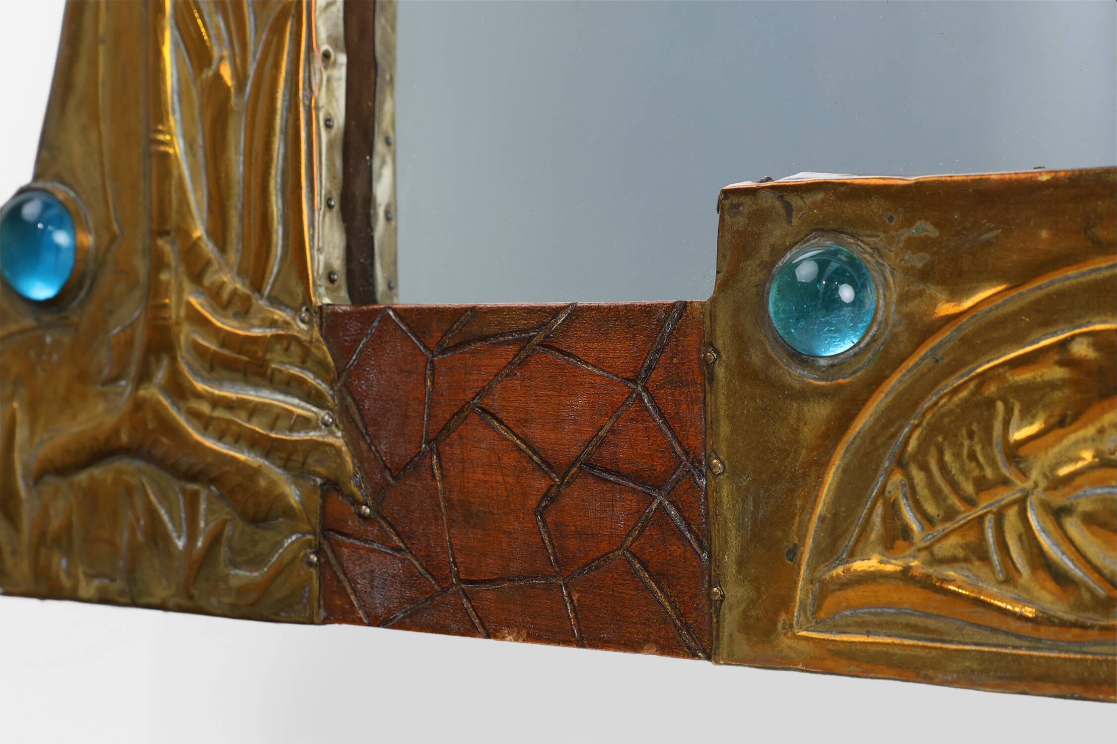 Art Nouveau Mirror in Brass and Glass Inlay, Signed A.H. Villaket, France