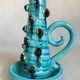 Pied de lampe ou bougeoir Accolay à décor de boules, émail bleu turquoise et brun, vers 1960-1970.