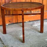 Vintage Art Deco round side table with cane top and walnut wooden frame, 1930s