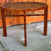 Vintage Art Deco round side table with cane top and walnut wooden frame, 1930s