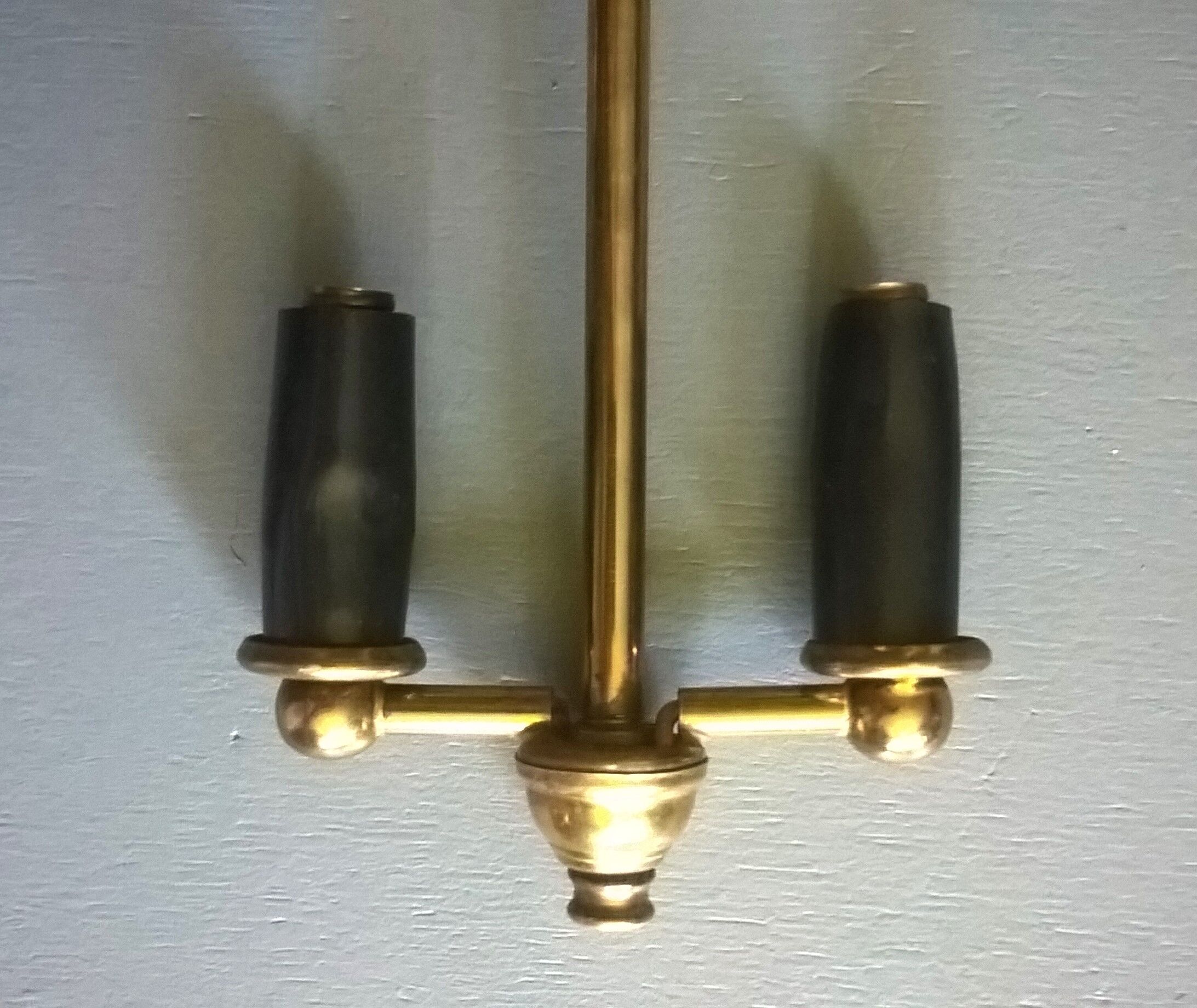 Chandelier lantern cage cylindrical two fires ~ glass and golden brass ~ 1950s/1960s