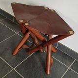 Set of teak and leather tripod stools