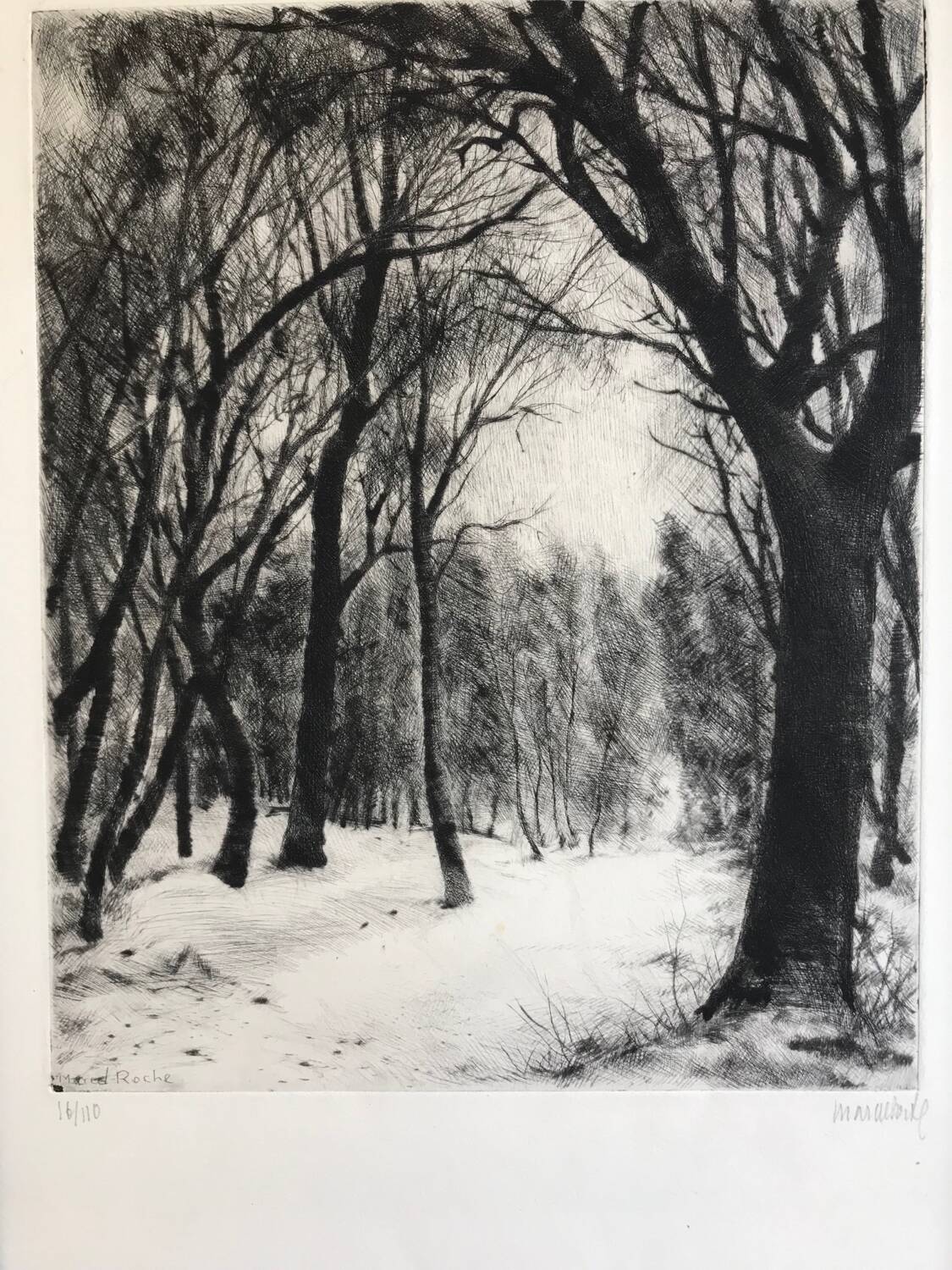 Forest under the snow, 1957. etching signed by marcel roche 1890-1959.