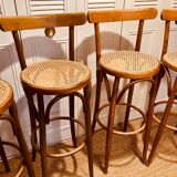 Tabourets de bar en bois courbé et cannage