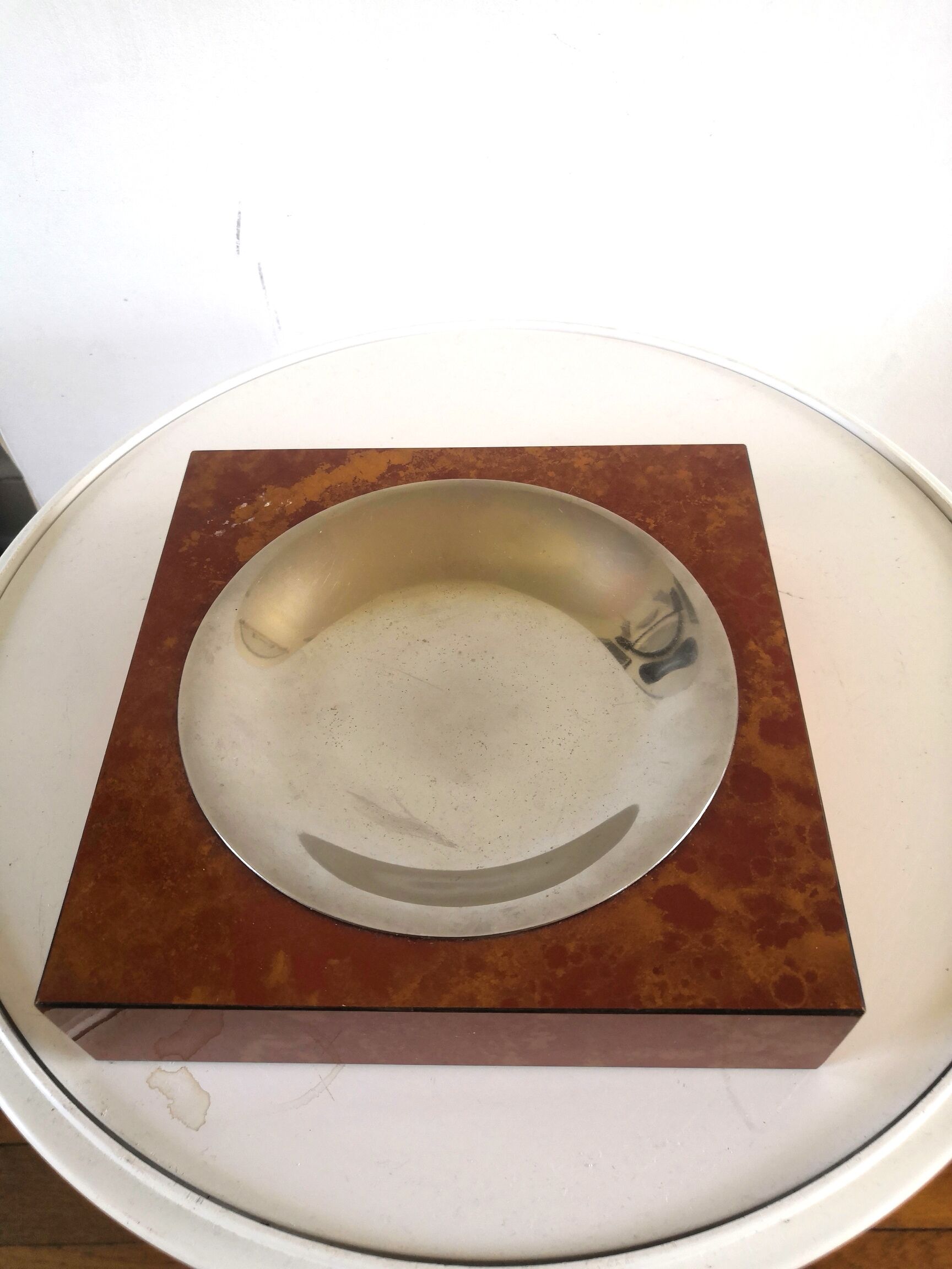 Ashtray veneer wood and metal design 70s