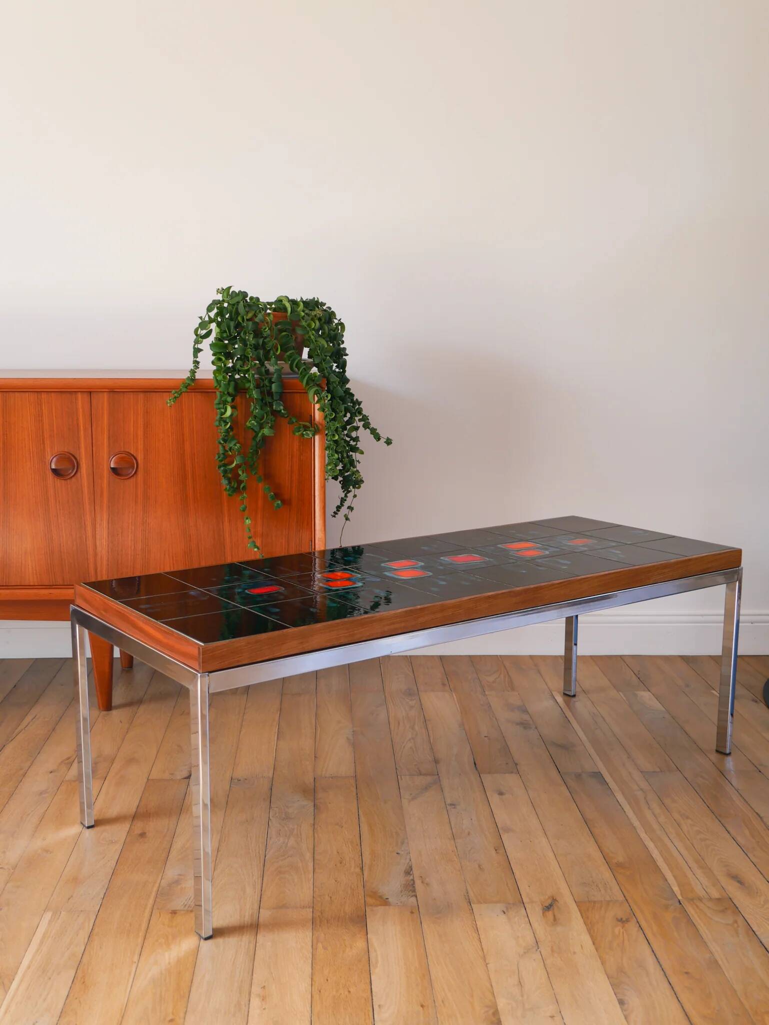 Table basse en céramique, teck & chrome, design, 1970
