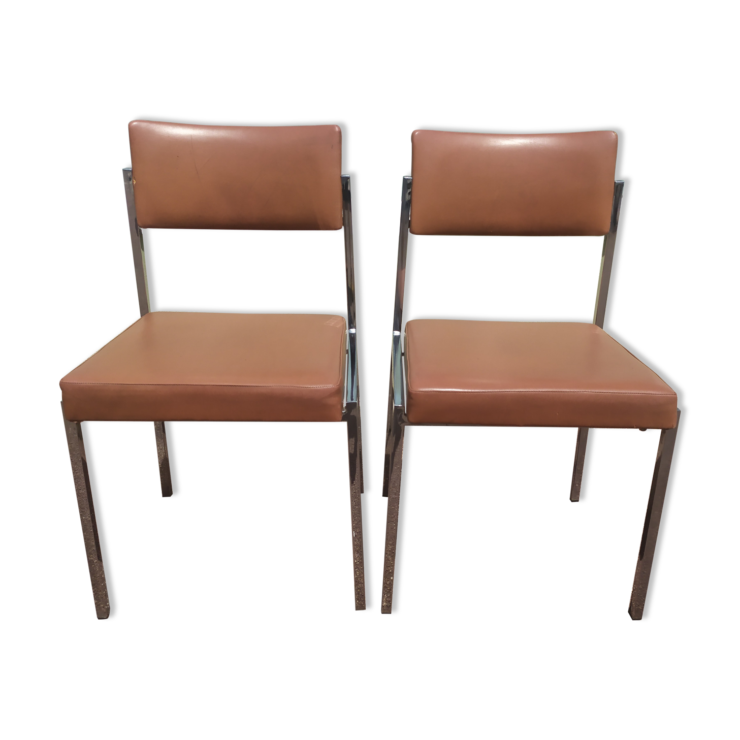 Pair of office chair oem strafor vintage 1960 - chrome skaï brown