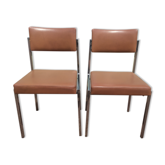 Pair of office chair oem strafor vintage 1960 - chrome skaï brown