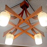 Scandinavian chandelier 4 burners Teak and tulips glass paste 60s Width 70.5 cm